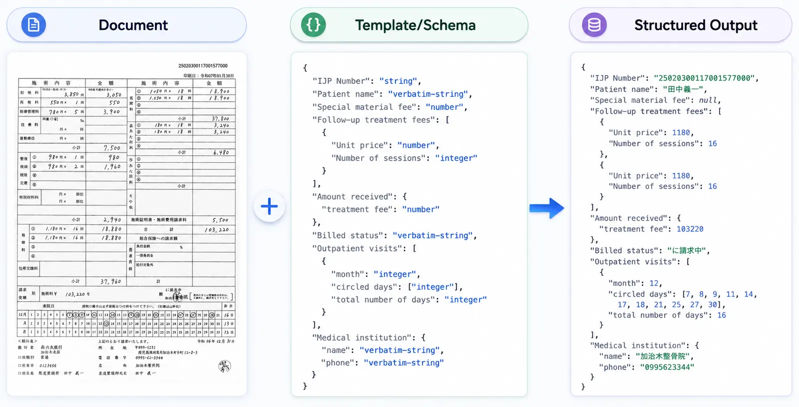 Structured extraction task. A machine-readable structured output (JSON) is extracted from a document according to a schema/template. This task automates data entry for banks, insurances, and healthcare organizations.